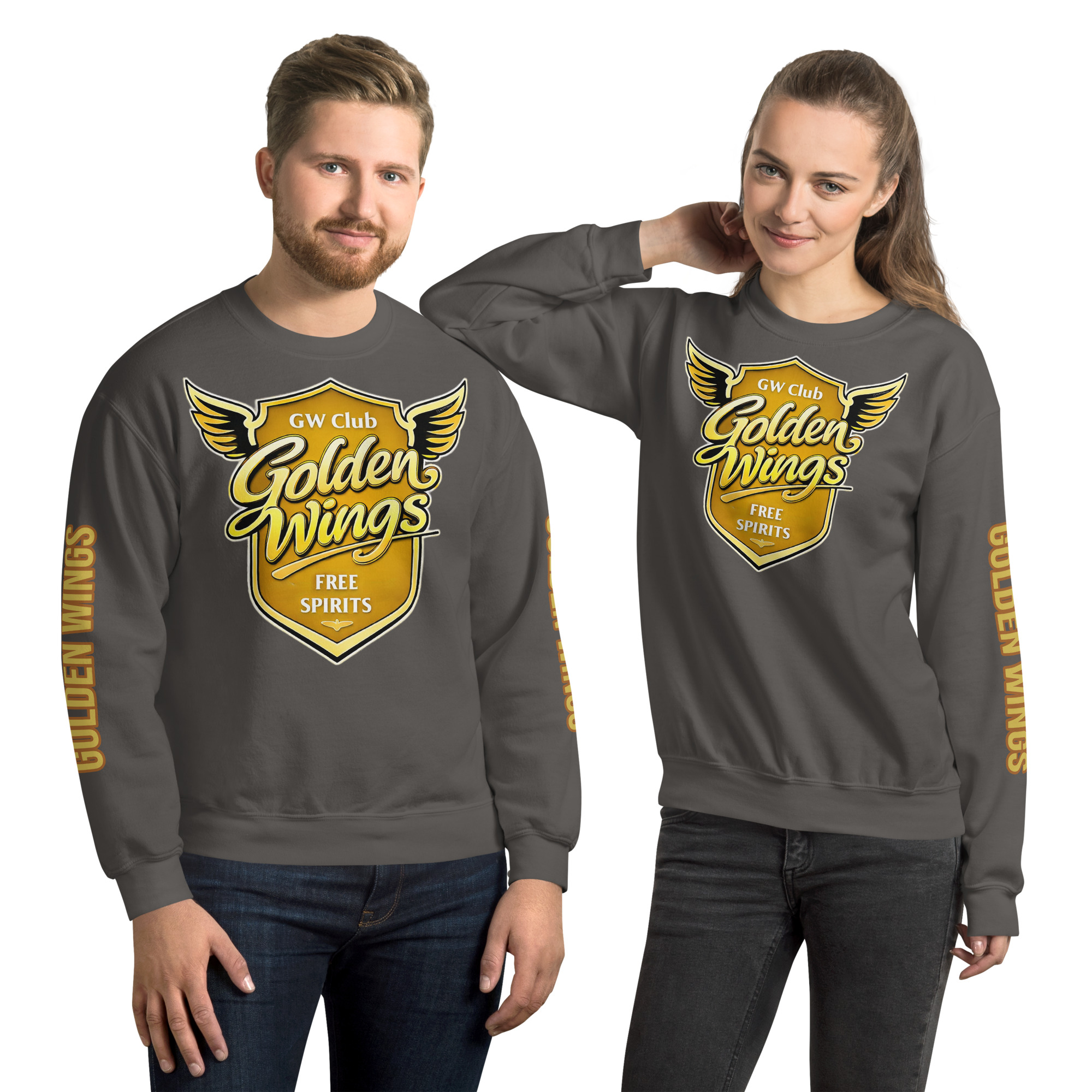 unisex-crew-neck-sweatshirt-charcoal-front-695558515d3c5.jpg Golden Wings T-Shirt: Hochwertiges Unisex T-Shirt aus Baumwolle.