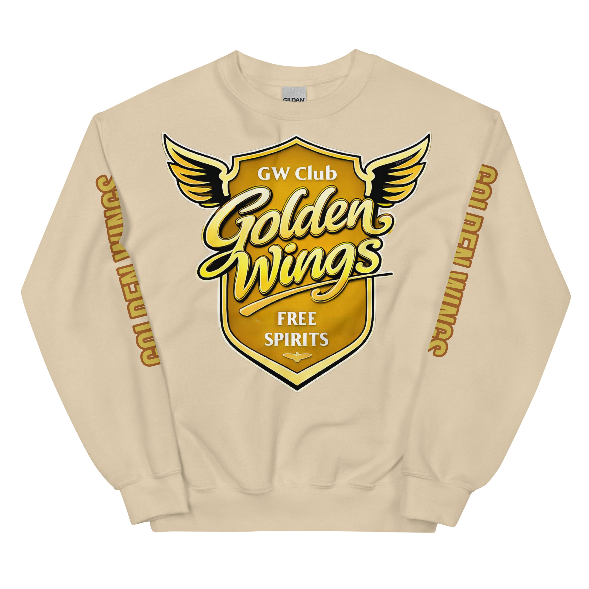 unisex-crew-neck-sweatshirt-sand-front-69555850aea65.jpg Golden Wings Pullover mit symbolischem Flügel-Design.