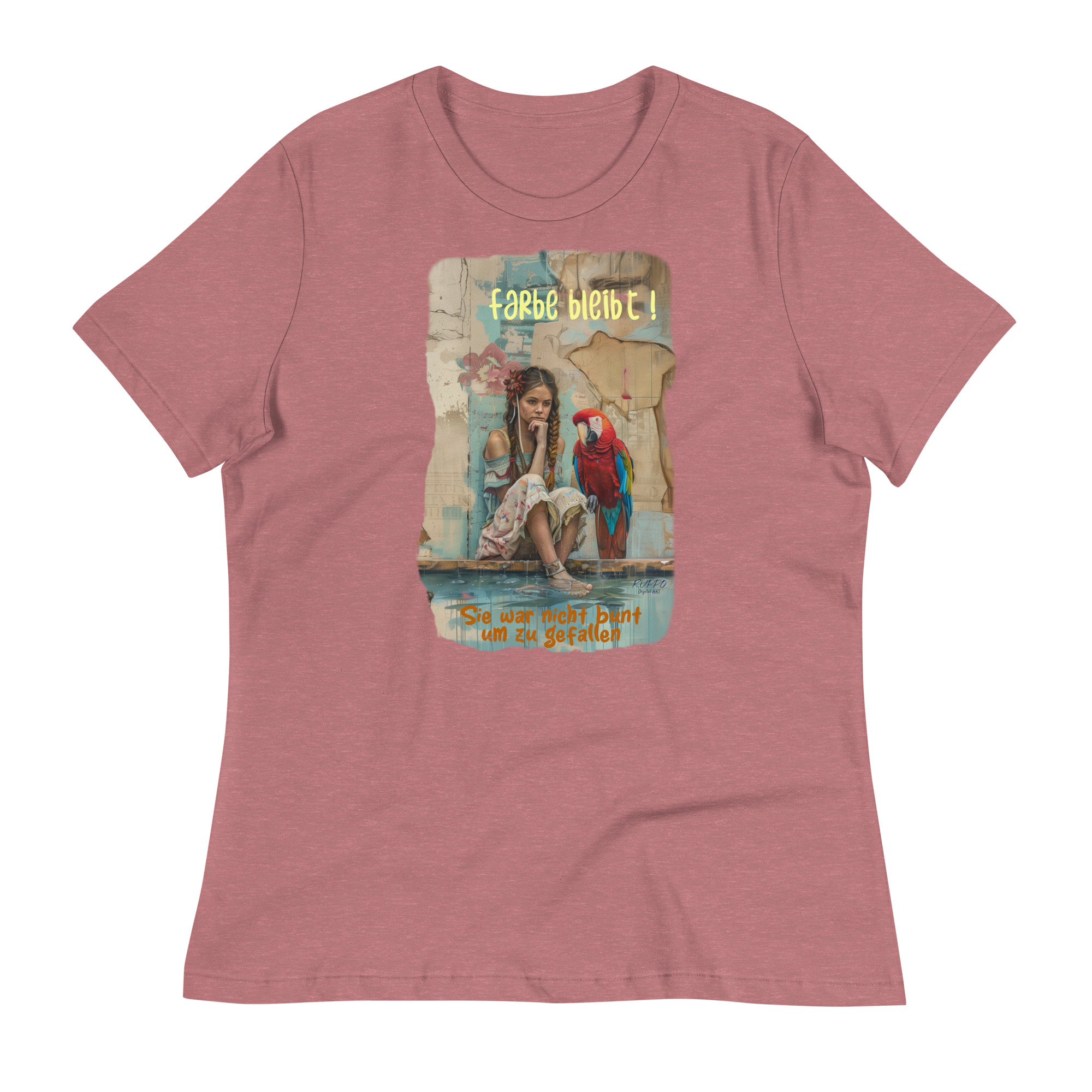 Nicht bunt, um zu gefallen – sondern um zu bleiben: FARBE BLEIBT ist ein ART-Style von RUPPO aus der Kollektion „Tierisch weiblich“ – inspiriert vom Originalgemälde „Papageienfrau“.