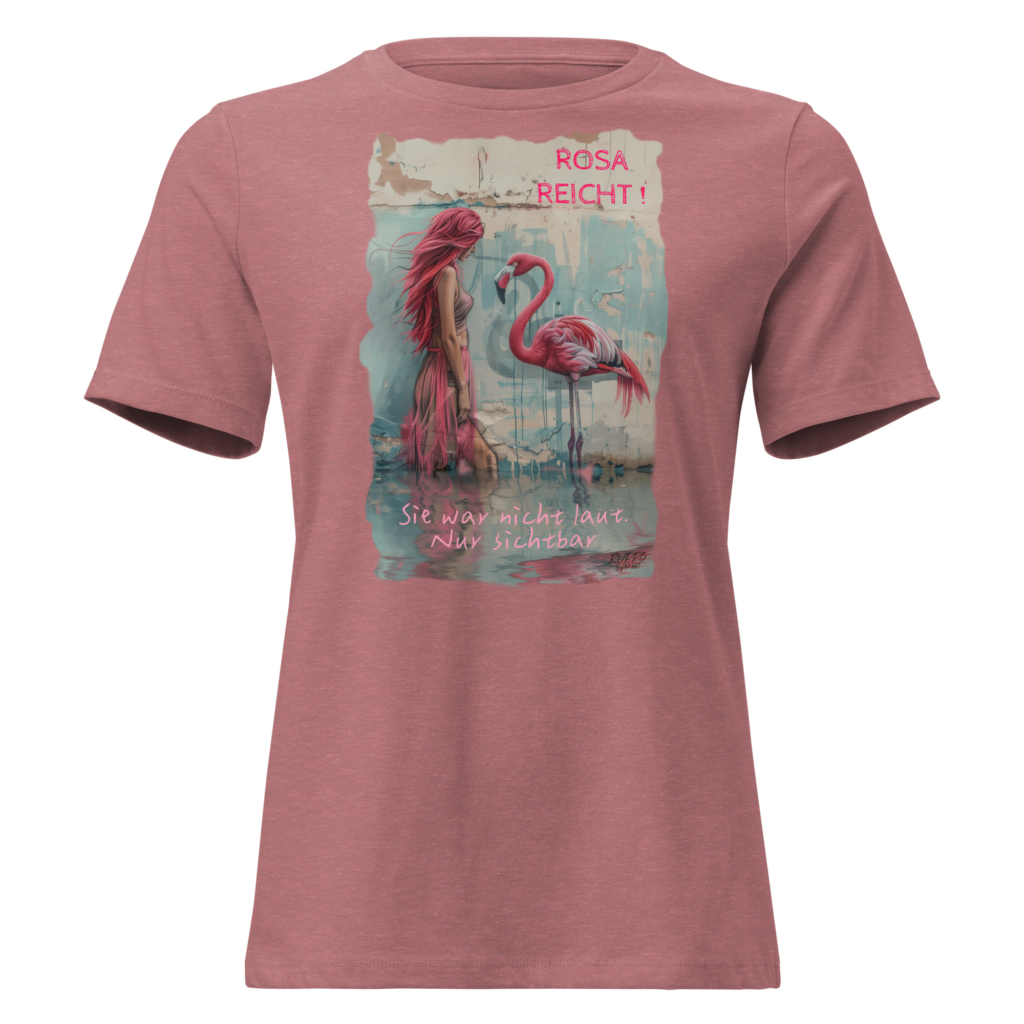 womens-relaxed-t-shirt-heather-mauve-front-69417e7a65c93.jpg Dein Kunstmoment zum Anziehen: „ROSA REICHT“ ist ein ART-Style von RUPPO – inspiriert vom Originalgemälde „Flamingofrau“.