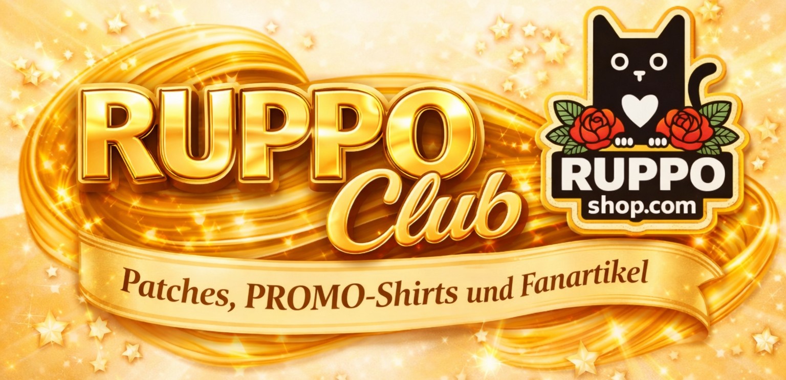 Goldenes Banner „RUPPO Club“ mit Katzenlogo und Rosen – Fanartikel, Patches und PROMO-Shirts aus dem RUPPOshop.