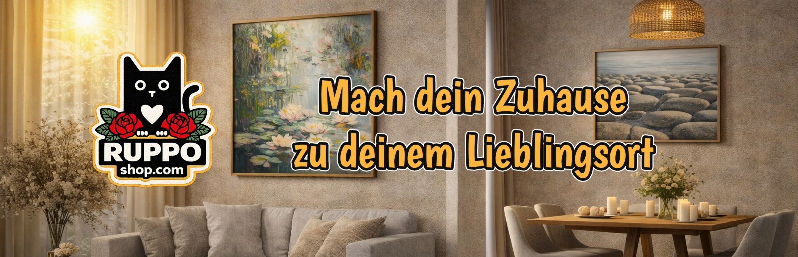 Wohnzimmer mit zwei Gemälden von RUPPO – Seerosenbild über dem Sofa und Steinmotiv im Essbereich, warme Lichtstimmung