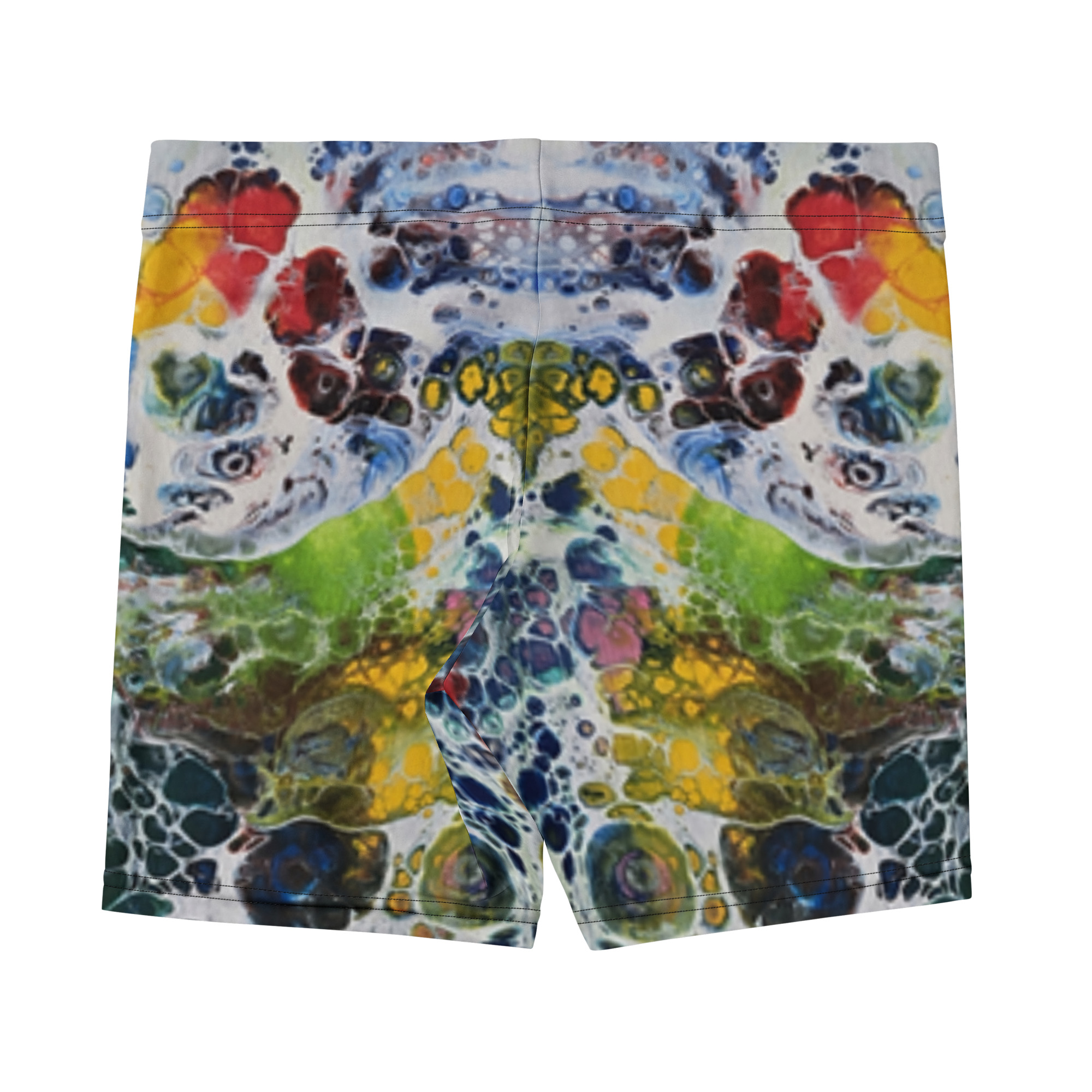 Sportliche Radler Shorts mit abstraktem CellArt-Allover-Design in Blau, Grün, Gelb und Rot von RUPPOdesign.