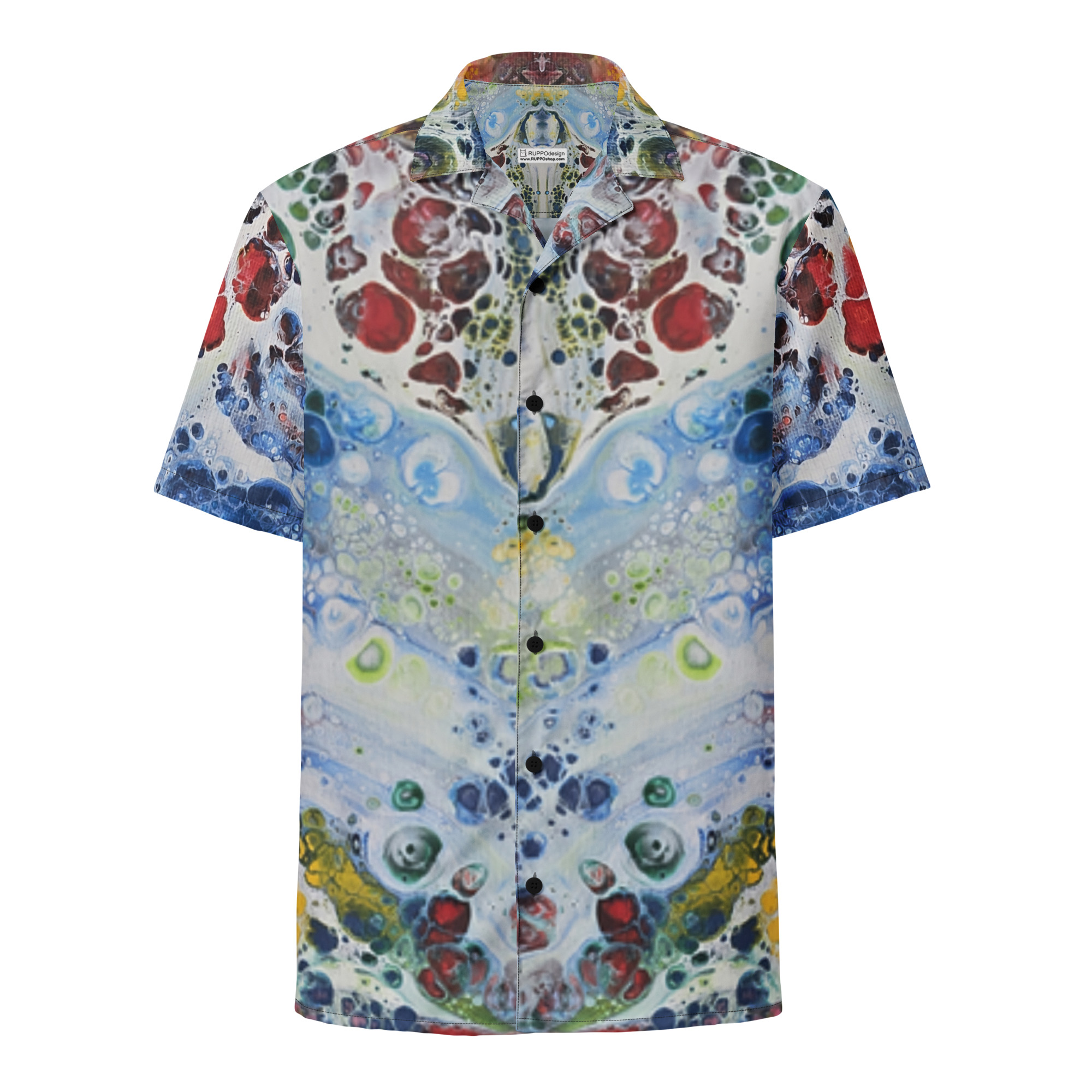 Unisex-Hemd mit Knopfleiste im abstrakten CellArt-Allover-Design von RUPPOdesign. Symmetrische FluidArt-Strukturen in Blau, Grün, Rot und Gelb.