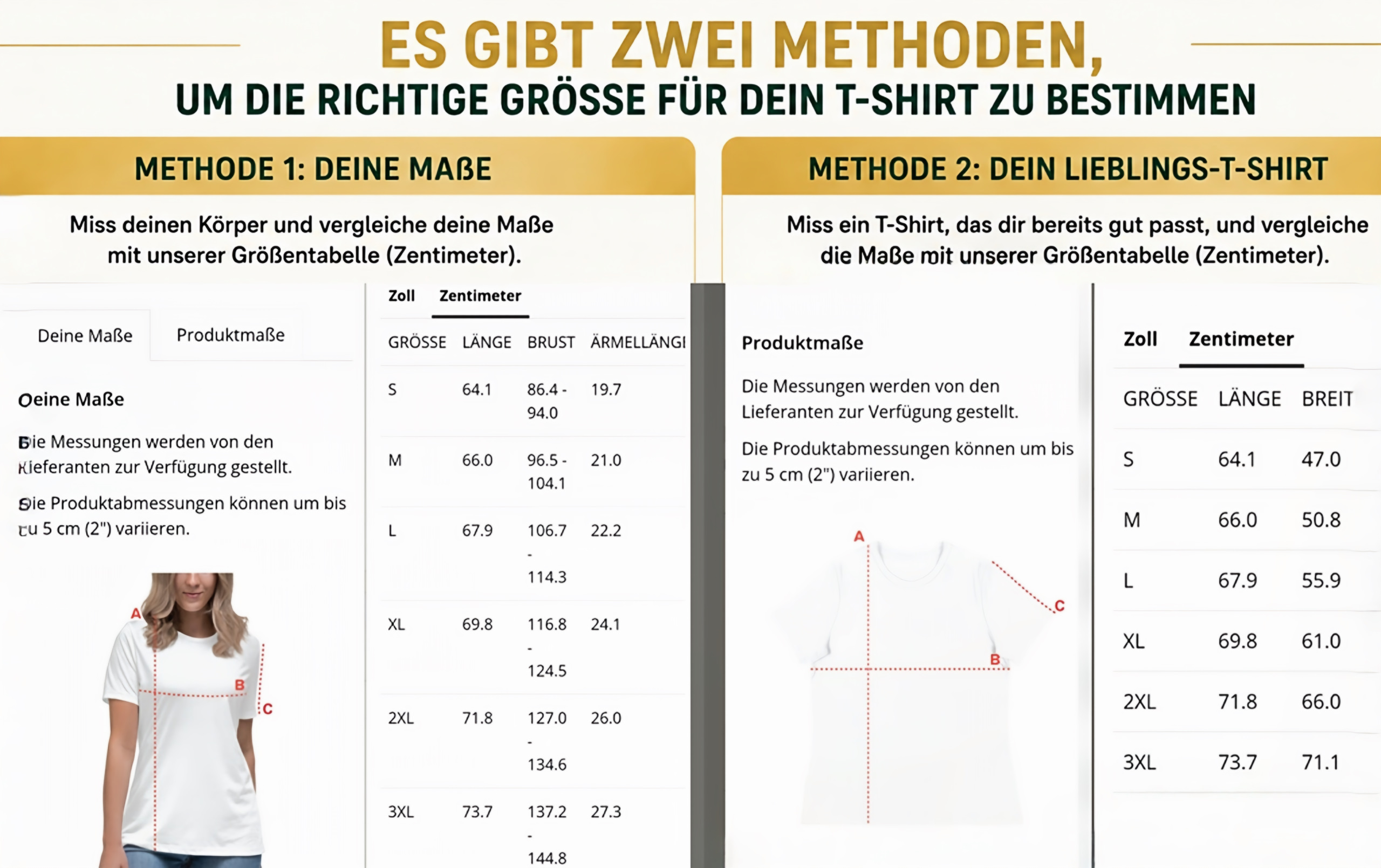 Größenratgeber für das Damen-T-Shirt Bella + Canvas 6400 mit zwei Methoden zur Größenbestimmung anhand von Körpermaßen oder einem passenden Lieblings-T-Shirt.