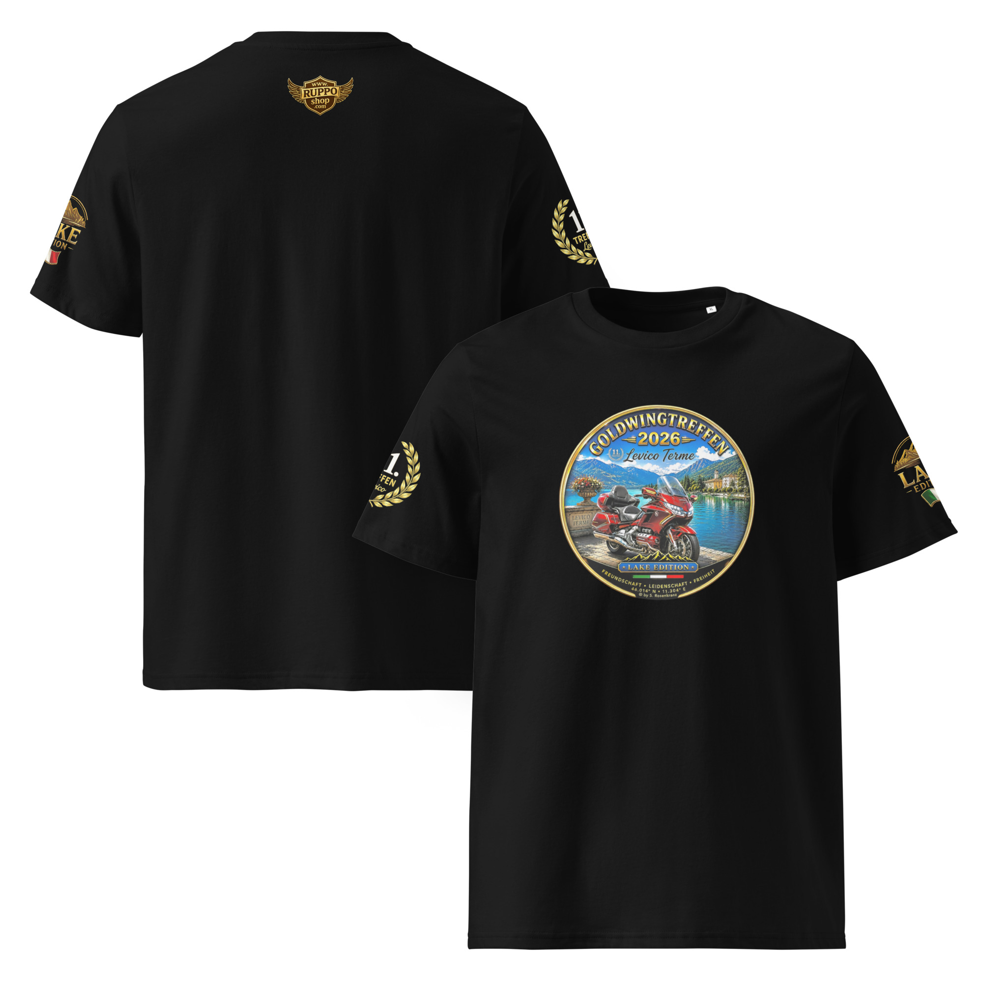 Schwarzes Unisex-T-Shirt mit rundem Goldwingtreffen-Levico-Terme-2026-Motiv auf der Vorderseite, Lorbeerkranz-Logo „11. Treffen Levico“ auf dem linken Ärmel, „Lake Edition“ auf dem rechten Ärmel und kleinem RUPPOshop-Logo im Nackenbereich der Rückseite.