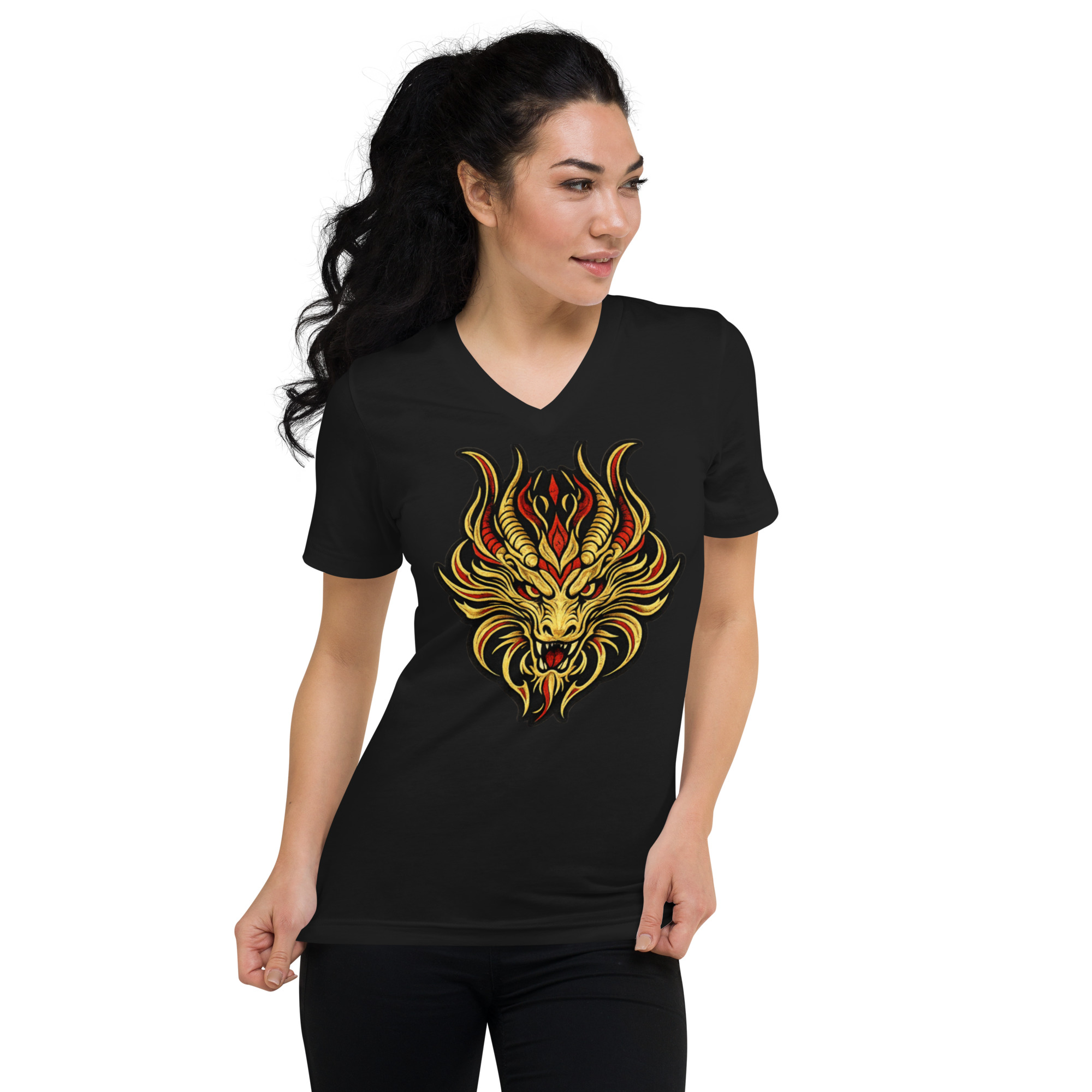 Unisex-T-Shirt mit V-Ausschnitt und golden-rotem Drachenmotiv auf schwarzem Stoff.