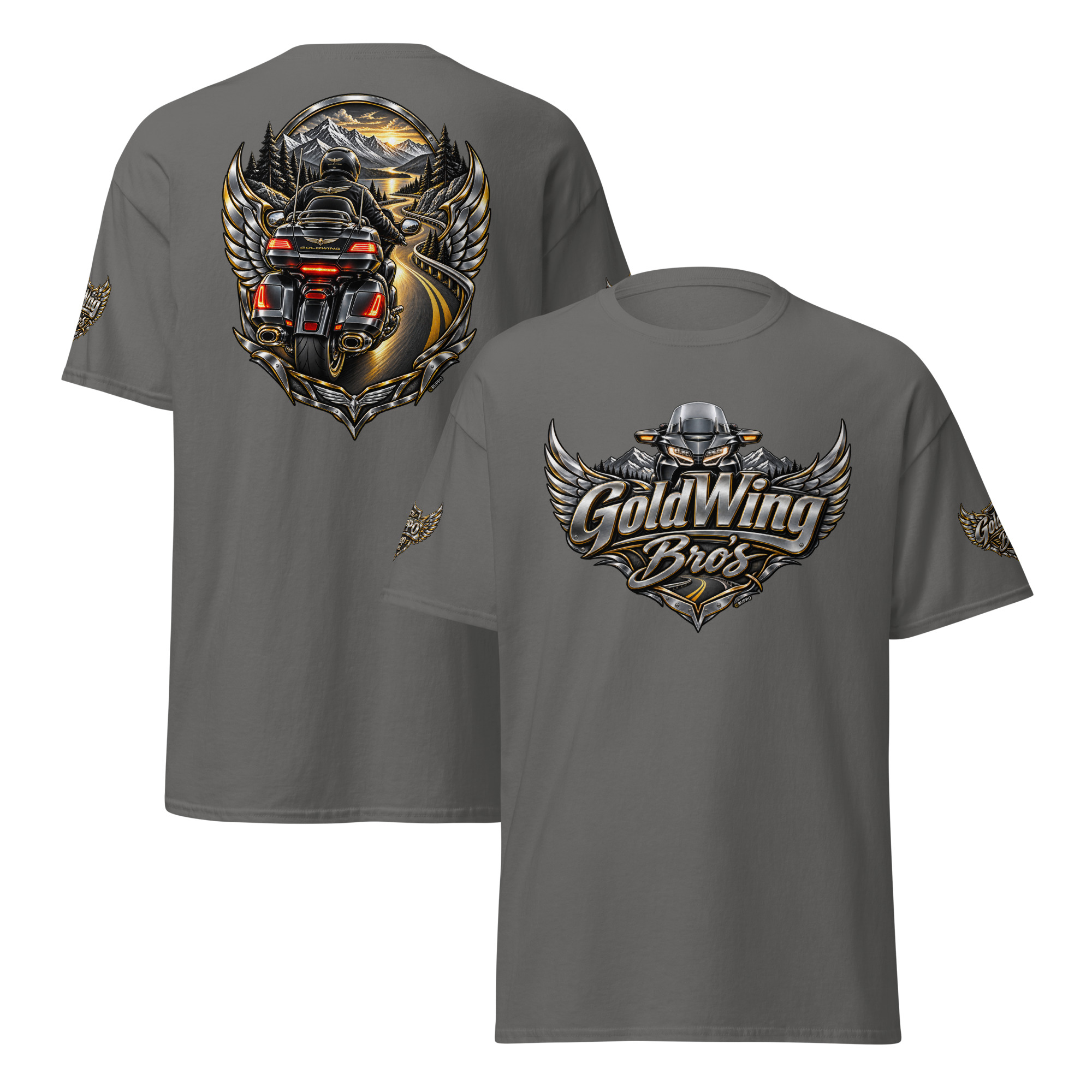 GoldWing Bro´s Unisex T-Shirt Gildan 5000 in Dark Heather mit Front-, Rücken- und Ärmeldruck