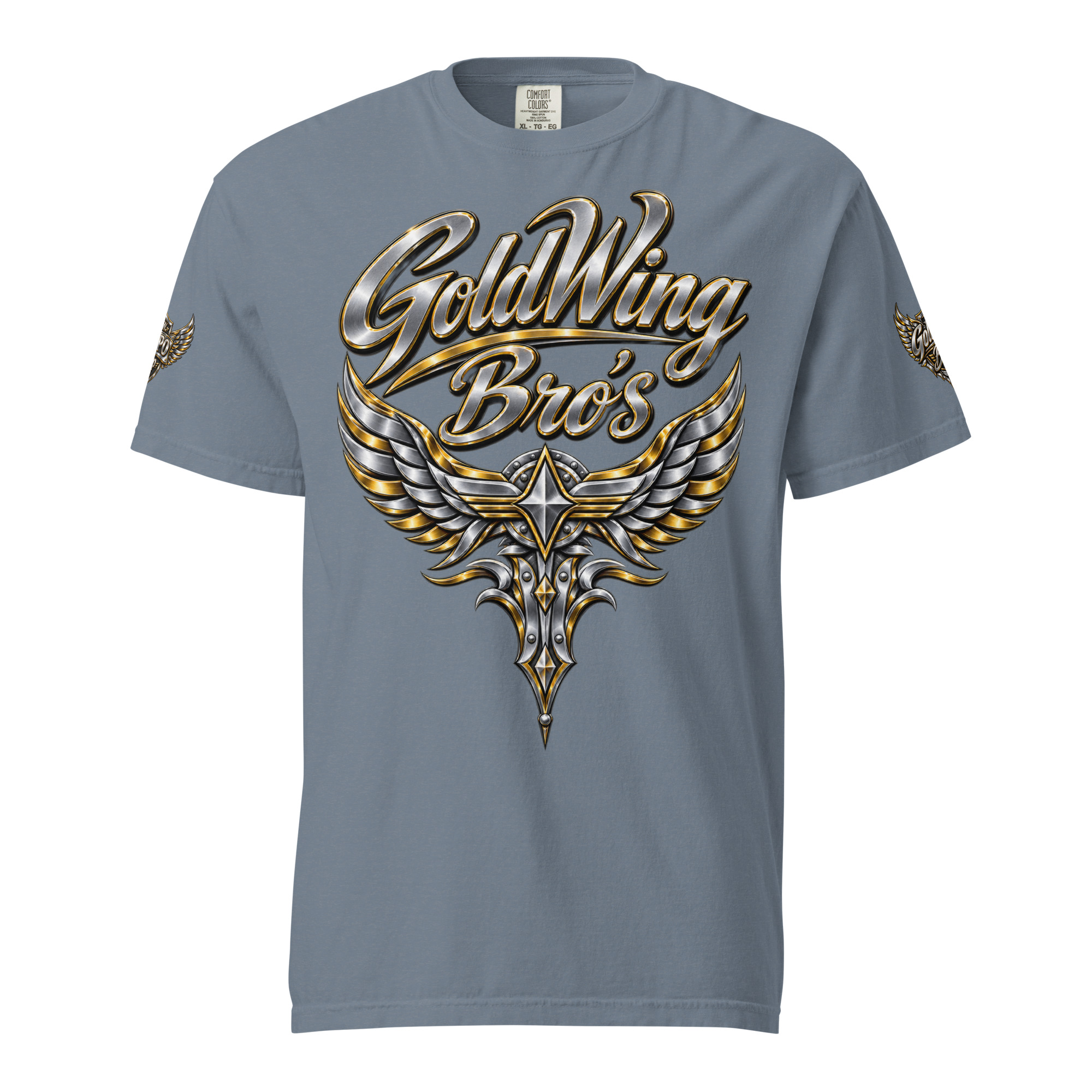 GoldWing Bro´s Heavyweight T-Shirt Comfort Colors 1717 in Pepper mit Metallic-Frontmotiv und Ärmeldruck
