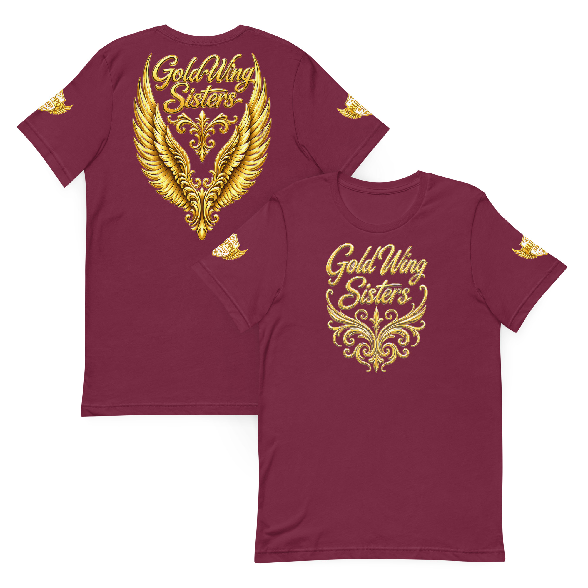 GoldWing Sisters Unisex-T-Shirt in Maroon mit goldenem Schriftzug und Flügelmotiv auf Vorder- und Rückseite